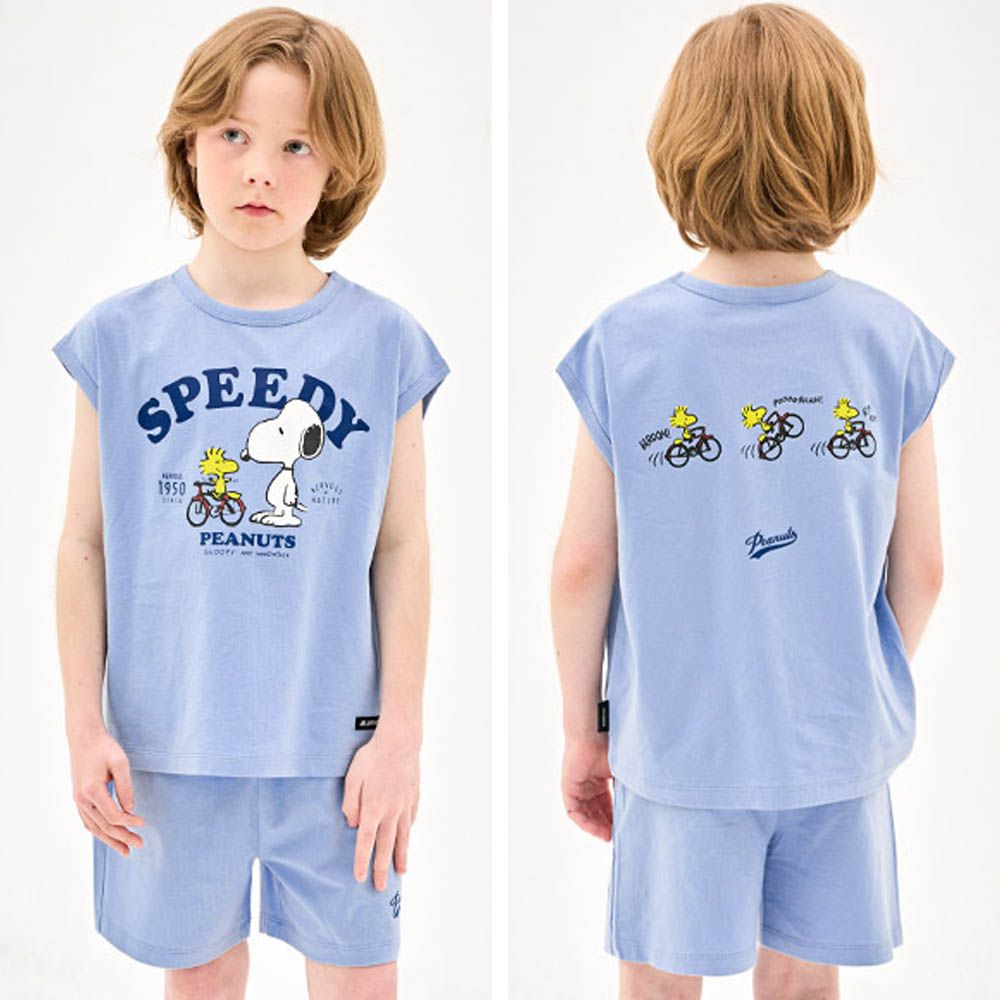 (聯名款)腳踏車圖案純棉無袖套裝-卡通人物史努比-藍紫