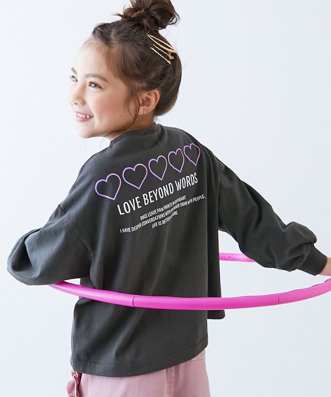 日本 devirock - 100%棉 定番女孩印花長袖上衣-線條愛心-紫