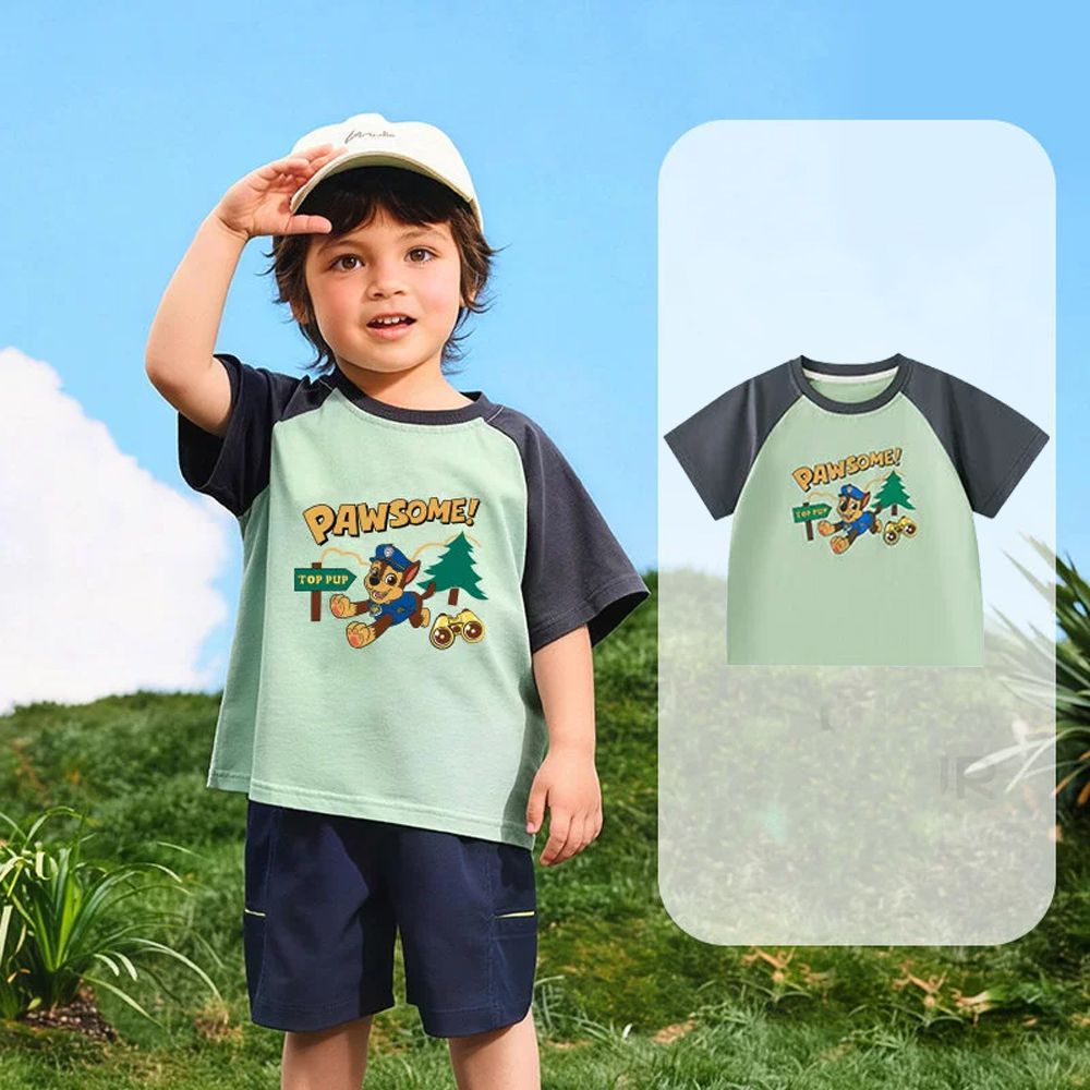 卡通汪汪隊拼袖撞色短袖上衣-綠色