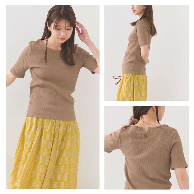 日本 OMNES - 接觸冷感 後頸V羅紋合身短袖上衣-灰