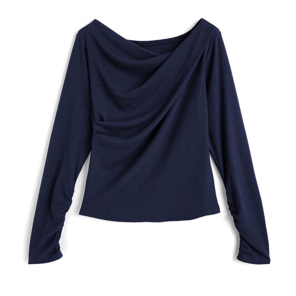 明星著用款！皺褶美肩長袖上衣-海軍藍 (F)