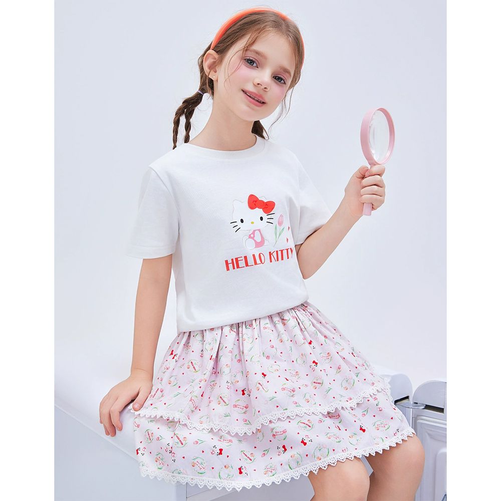 純棉短袖上衣+花邊短裙套裝-卡通人物Hello Kitty-白色