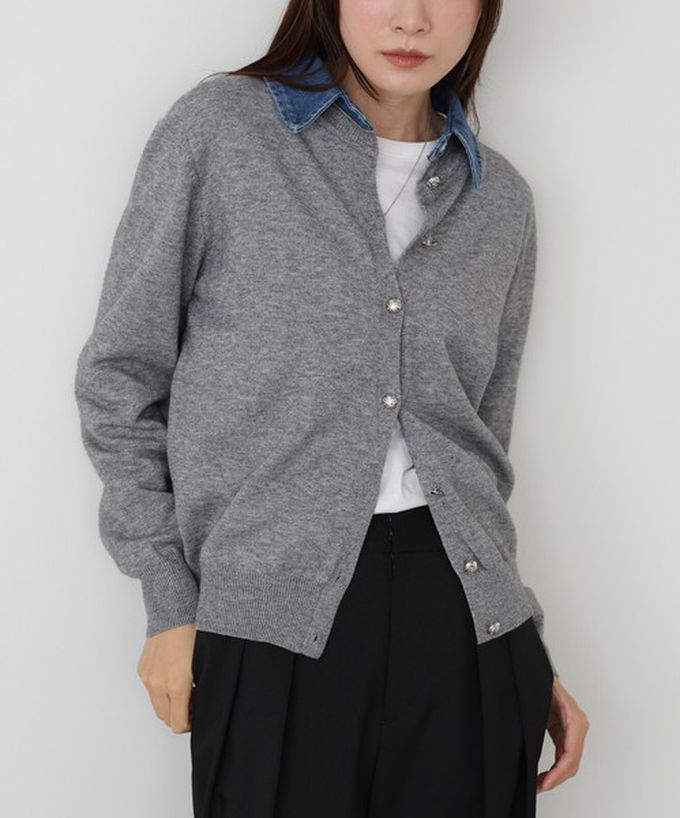 日本 Bab - 牛仔領時尚休閒感針織開襟衫-海軍藍