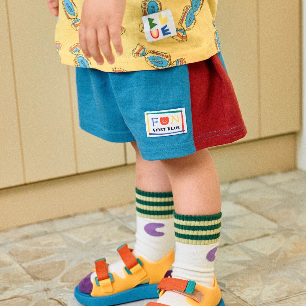 鬆緊腰撞色短褲-藍X酒紅