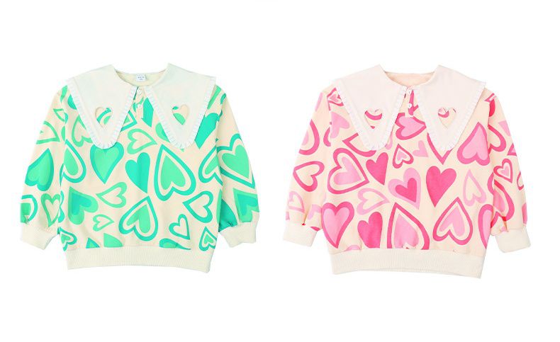 不規則翻領長袖上衣-滿版愛心-綠色