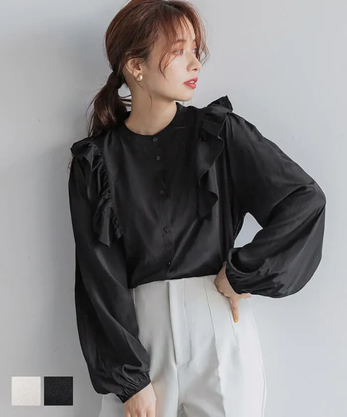 日本 COCA - 荷葉邊光澤緞面長袖襯衫-簡約黑