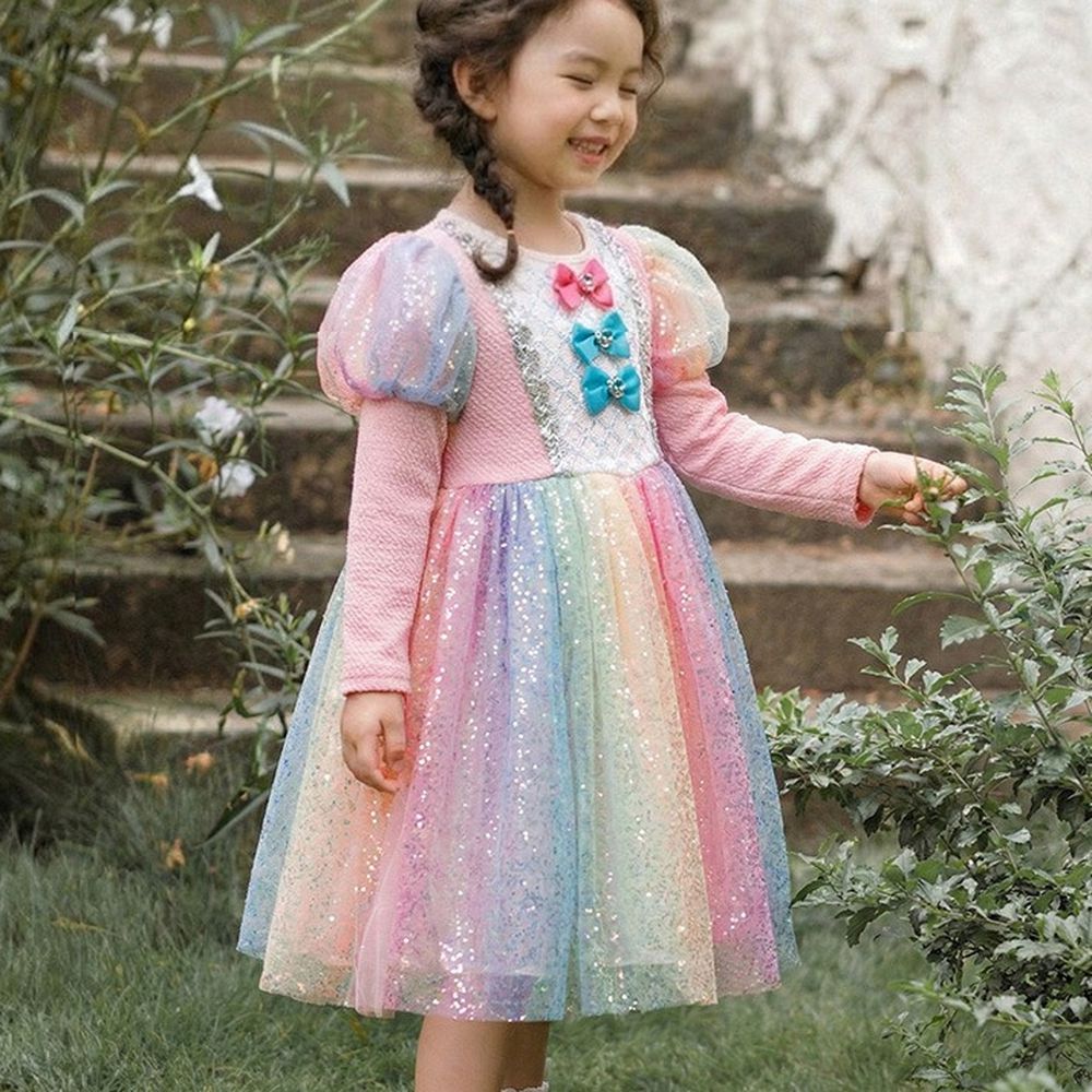 繽紛彩虹亮片童話網紗長袖公主洋裝-粉
