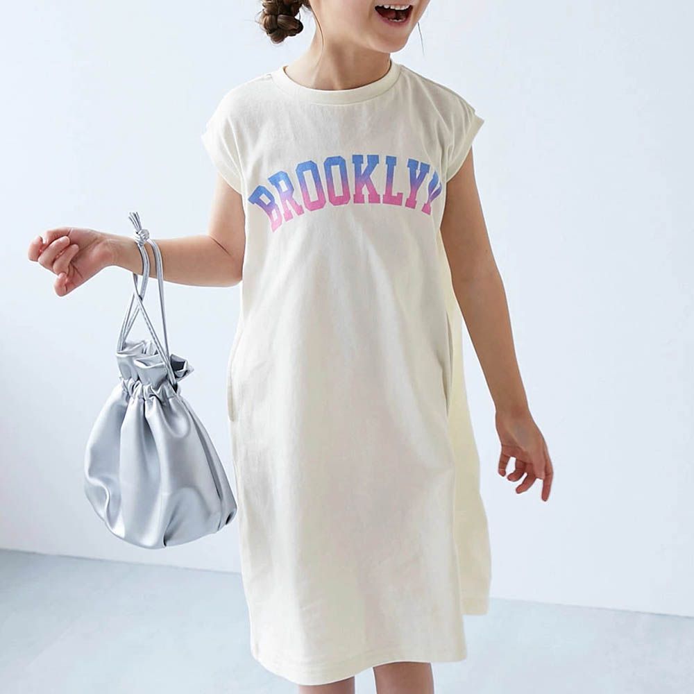 100%棉 俏麗印花無袖洋裝-英文logo-白