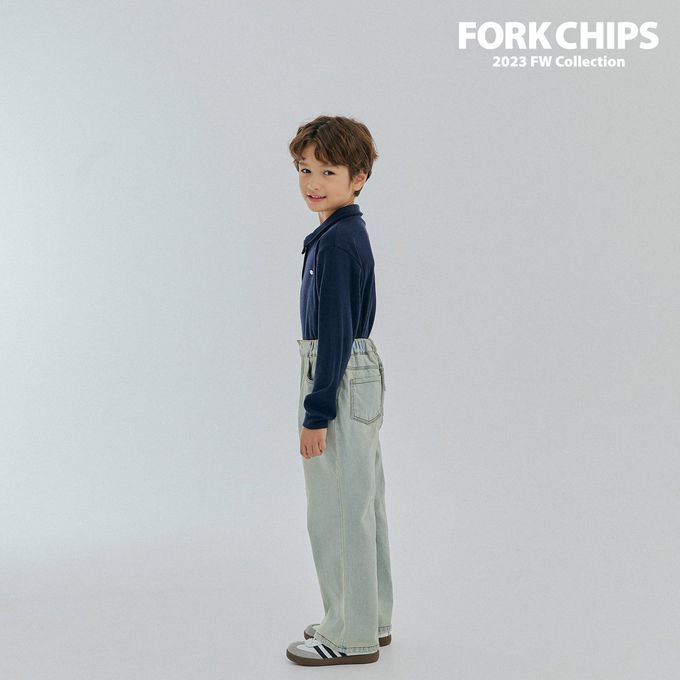 韓國 FORK CHIPS - 金屬裝飾直坑條翻領長袖上衣-深藍