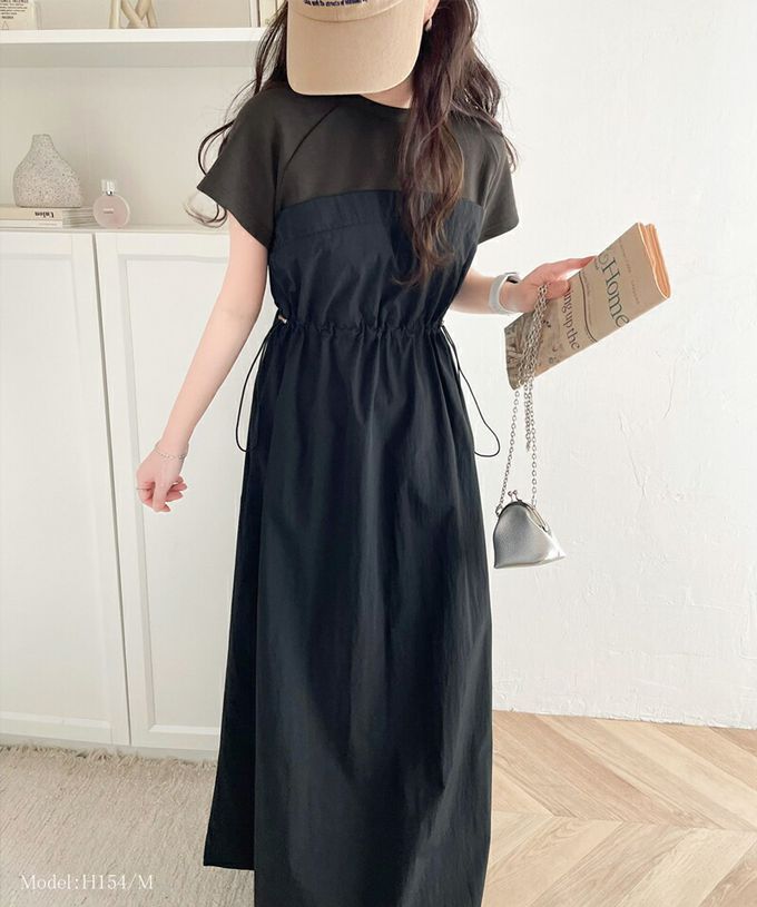 日本 Classical Elf - 法式袖拼接縮腰抽繩洋裝-卡其x淺灰