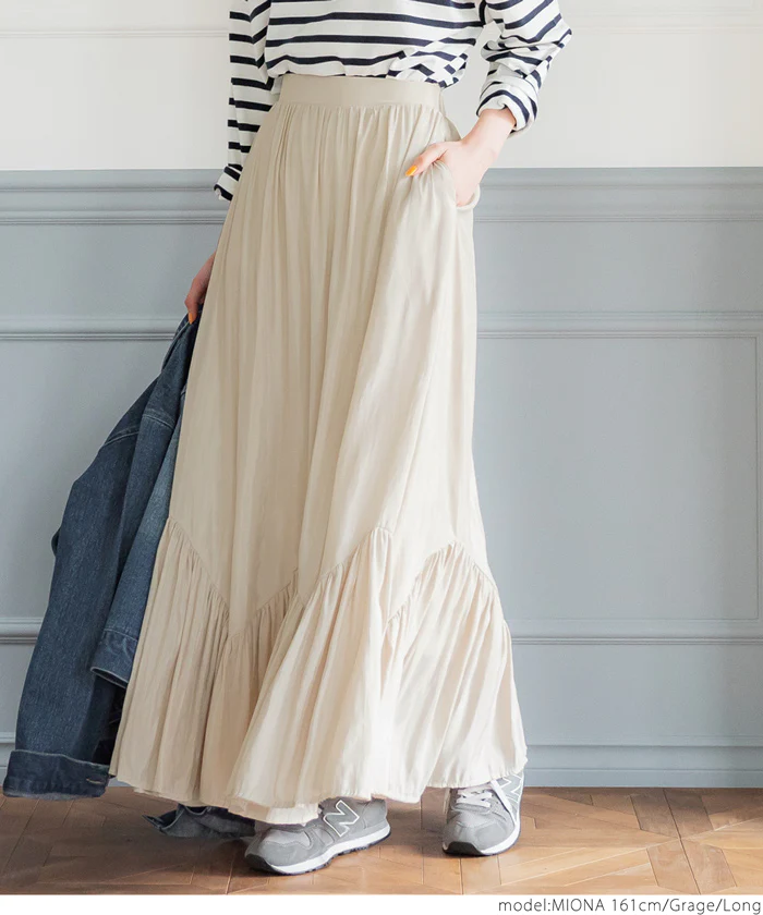 日本 COCA - 波浪裙擺修身長裙-米白