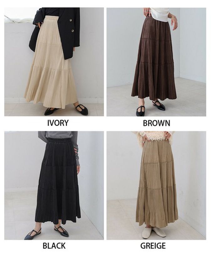 日本 Bab - 飄逸感絲滑絨面細摺長裙-象牙米