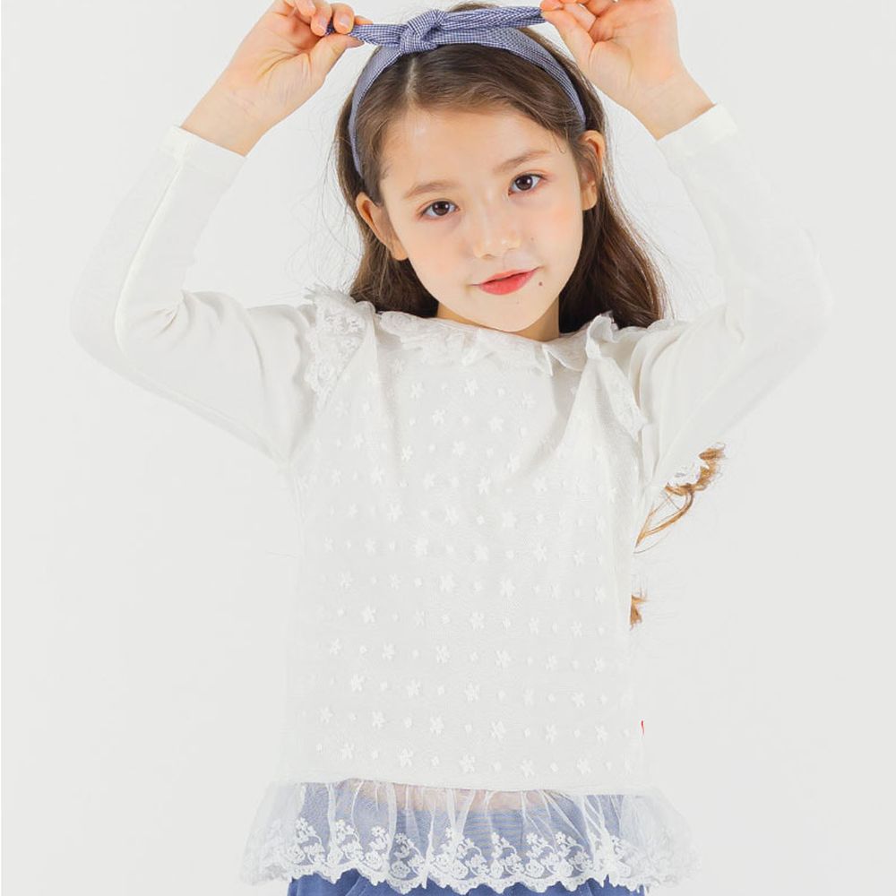 韓國 OZKIZ - 透膚雕花蕾絲裝飾長袖上衣