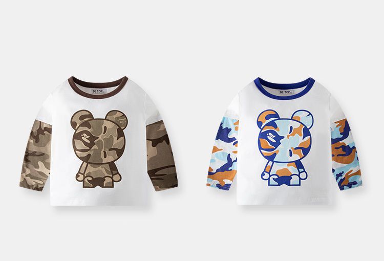 純棉圓領薄長袖上衣-迷彩小熊-咖啡色