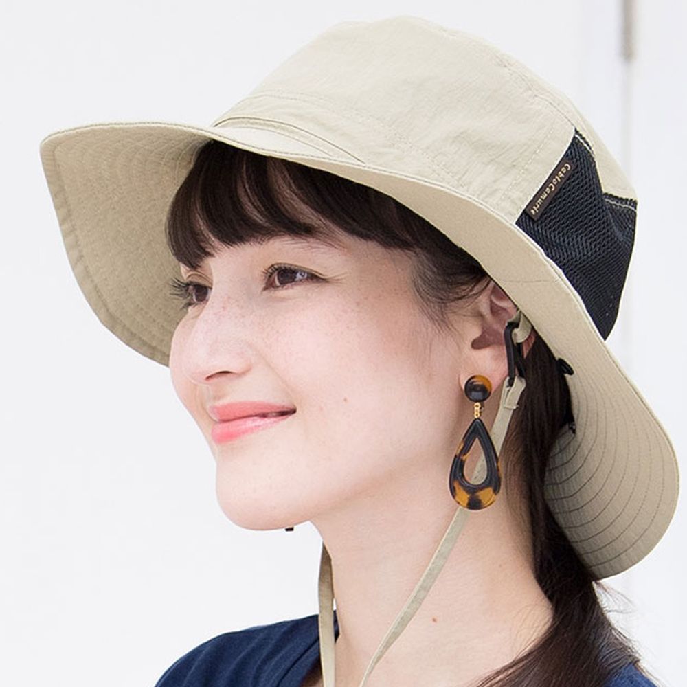 日本 irodori - 抗UV透氣遮陽帽(附防風帽帶/遮頸布)-氣質杏 (約58cm)