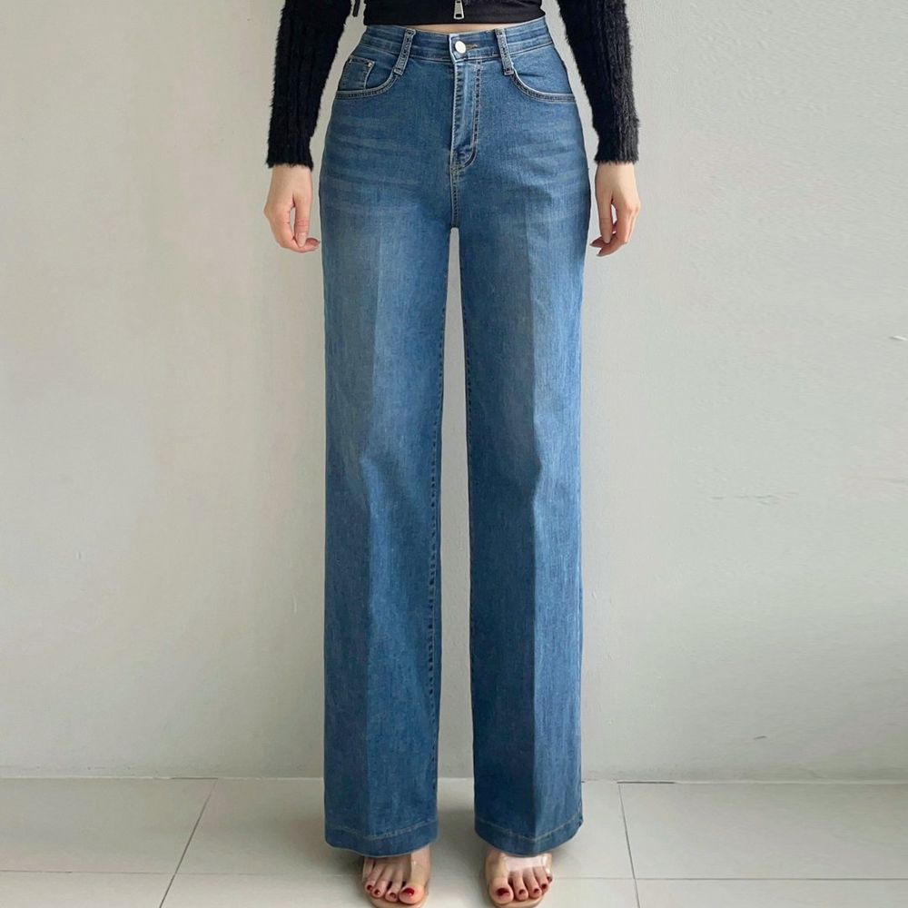 Howluk 彈性腰水洗刷色丹寧直筒寬褲-中青