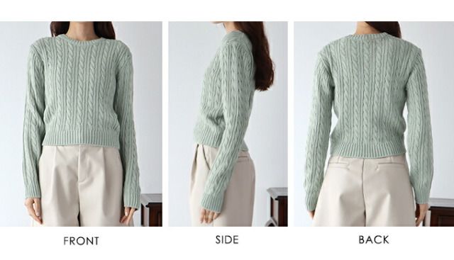 日本 BLUE EAST - 經典圓領麻花編針織上衣-灰綠