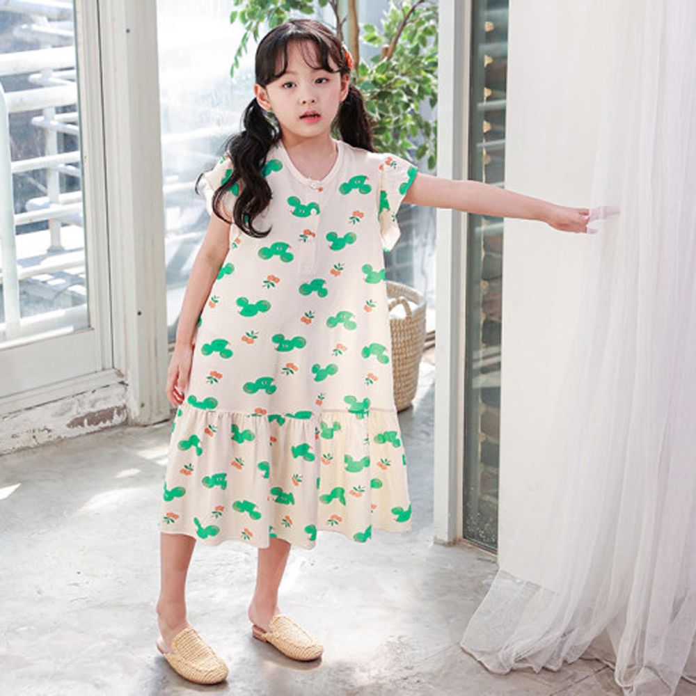 韓國 Ppippilong - 嫘縈涼感連身睡裙-綠色淘氣鼠