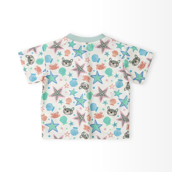 日本 ZOOLAND - 海洋印花網眼短袖上衣-滿版貝殼-淺灰