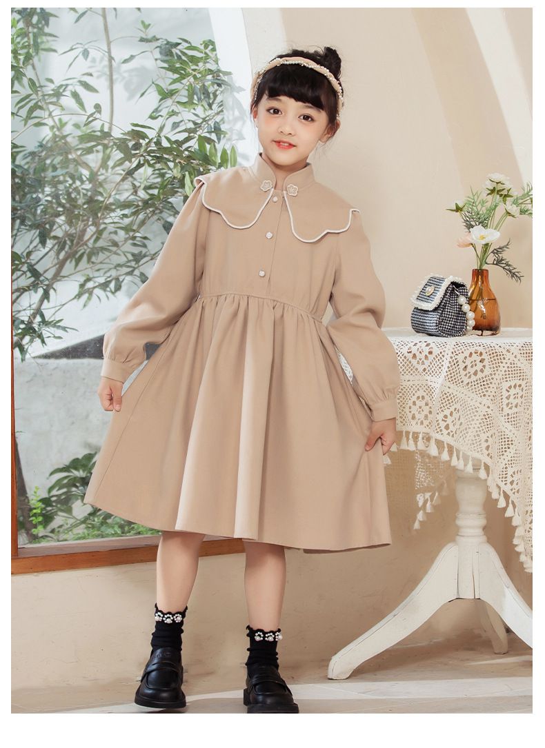 娃娃領燈芯絨長袖洋裝-卡其色