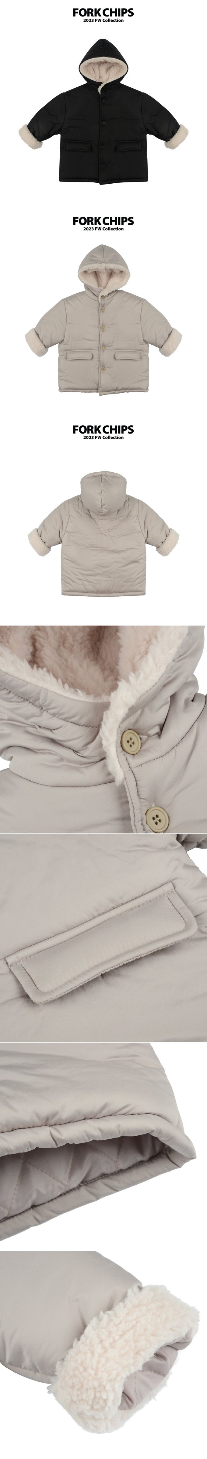 韓國 FORK CHIPS - 冬天保暖鋪棉長版連帽外套-黑