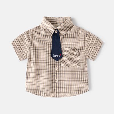 WELLKIDS - 純棉休閒翻領短袖襯衫-小領帶-咖色格紋