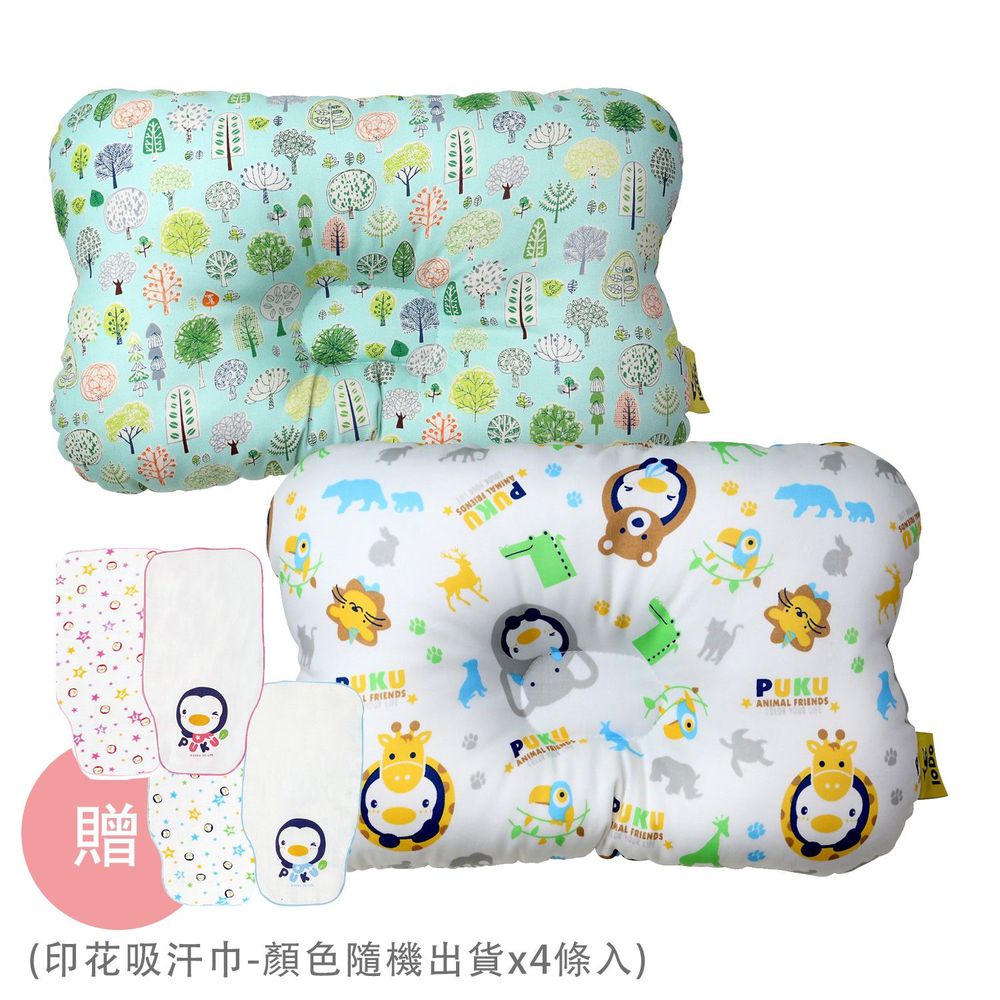 PUKU 藍色企鵝 - Breeze 透氣雲朵枕/護頭枕-2 入組-動物家(水色)x1+森林公園x1-買贈印花吸汗巾-顏色隨機出貨x4條入