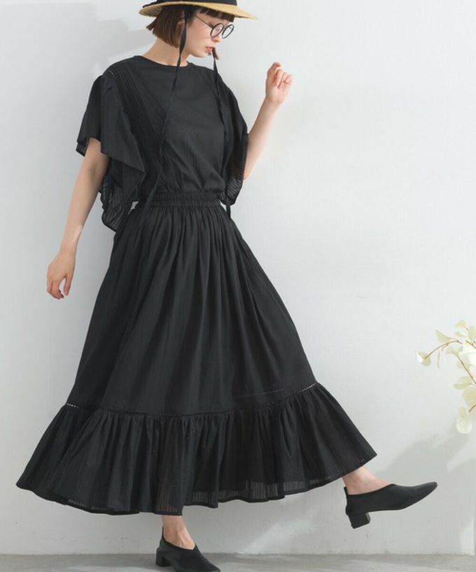 日本 Lupilien - 100%印度棉 飄逸緹花下擺鬆緊長裙-黑