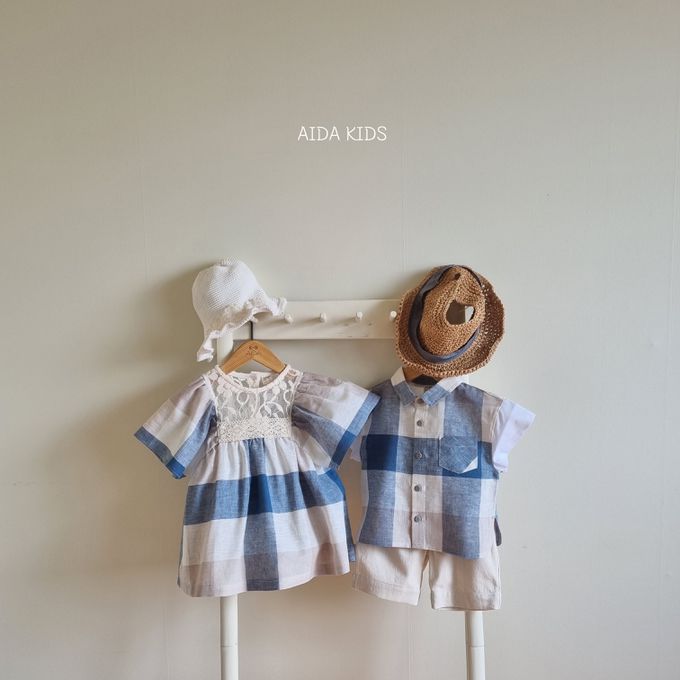 韓國 AIDA - 休閒風格子短袖翻領襯衫-藍X米