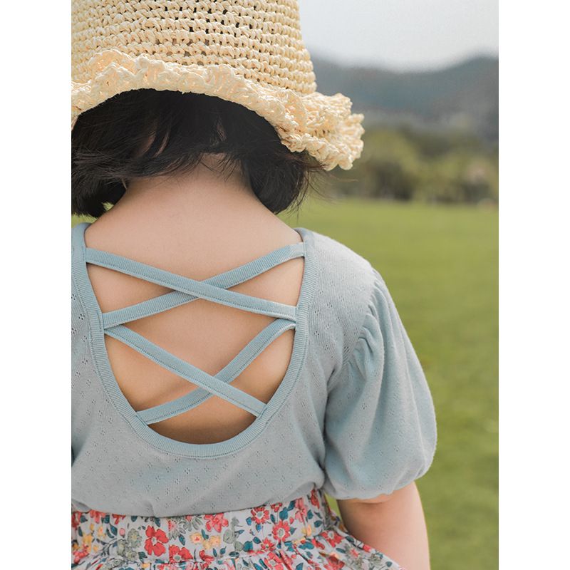 鳥眼簍空泡泡袖上衣-黃色