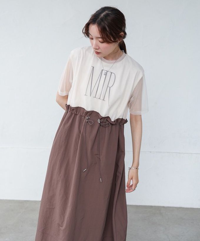 日本 Bab - 拼接層次感抽繩薄紗短袖洋裝-灰x黑