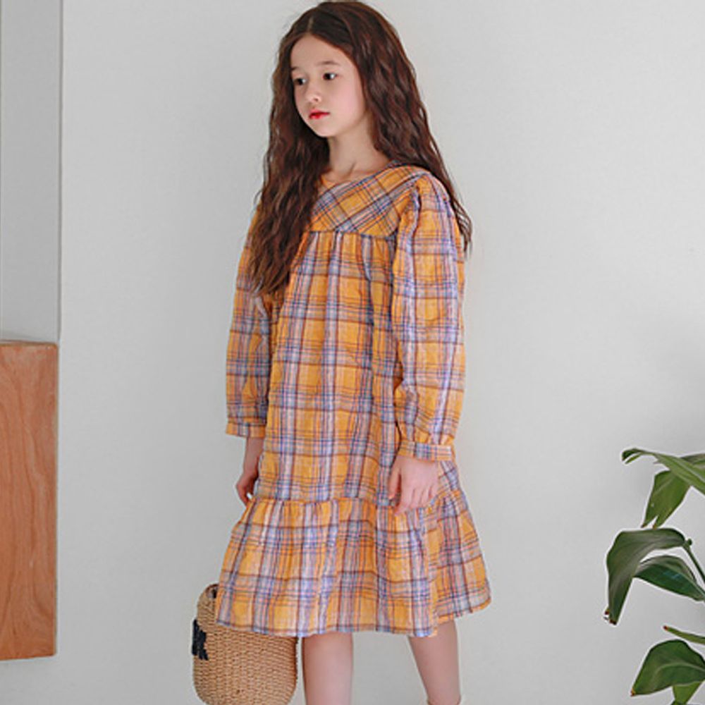 韓國 J KIDS - 香橙格紋洋裝