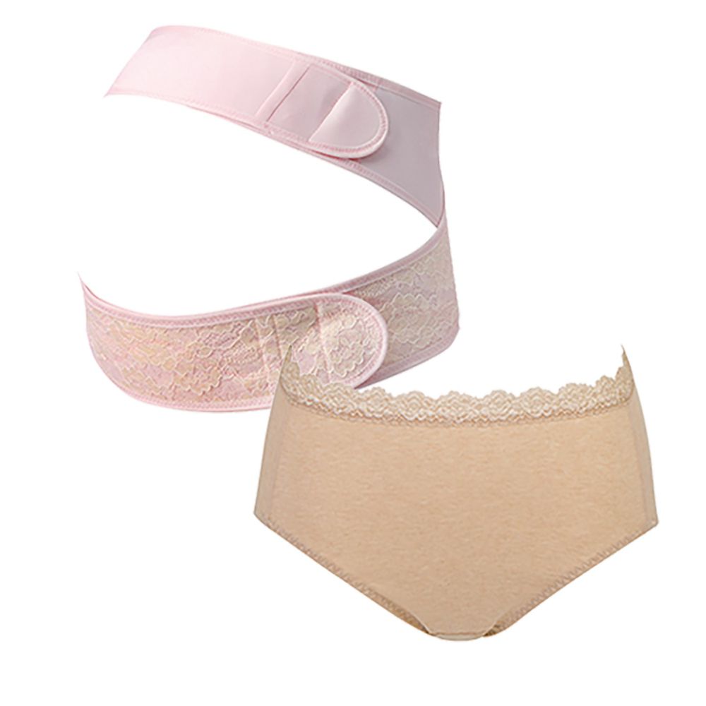 日本 Combi - 產前托腹帶-粉色(L)+天然彩棉產婦褲-褐色-(L/XL) 1+1 實用組