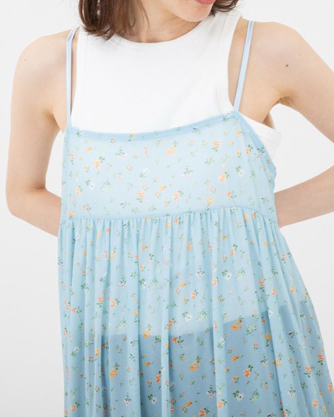 日本 gleam - 前後2way浪漫小花細肩帶薄紗洋裝-黑