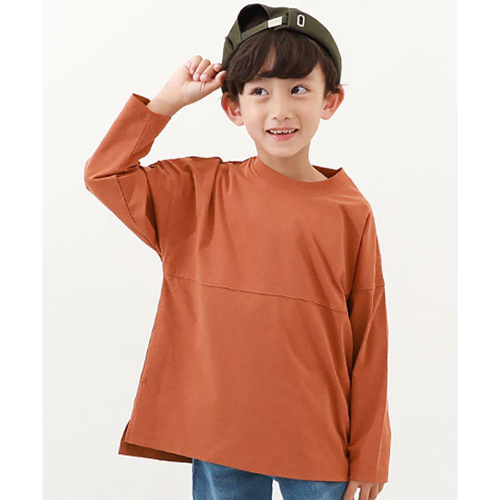 日本 devirock - [防污速乾]圓領休閒寬版長袖上衣-磚橘