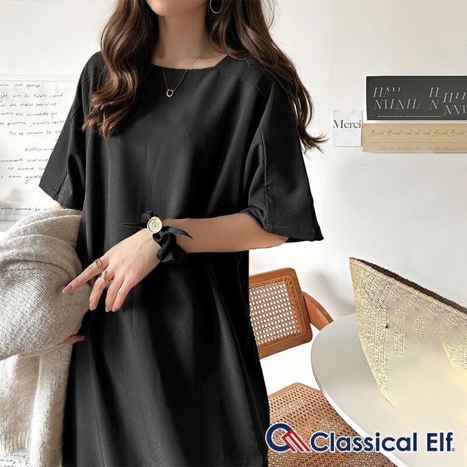 日本 Classical Elf - 亞麻感洗練線條短袖洋裝-摩卡棕