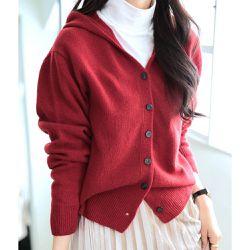 韓國女裝連線 - 超細羊毛連帽針織衫/針織外套-紅 (FREE)