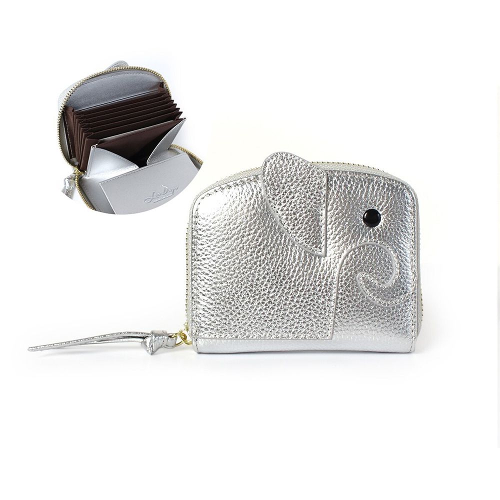 童趣大象輕巧真皮風琴式短夾-(防盜功能)-霧銀