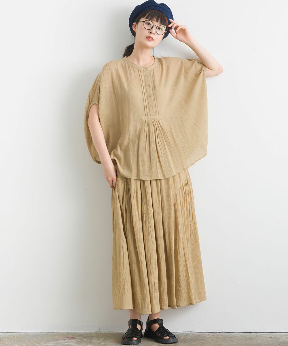 日本女裝代購 - 100%印度棉 空氣感落肩短袖上衣-淺卡其