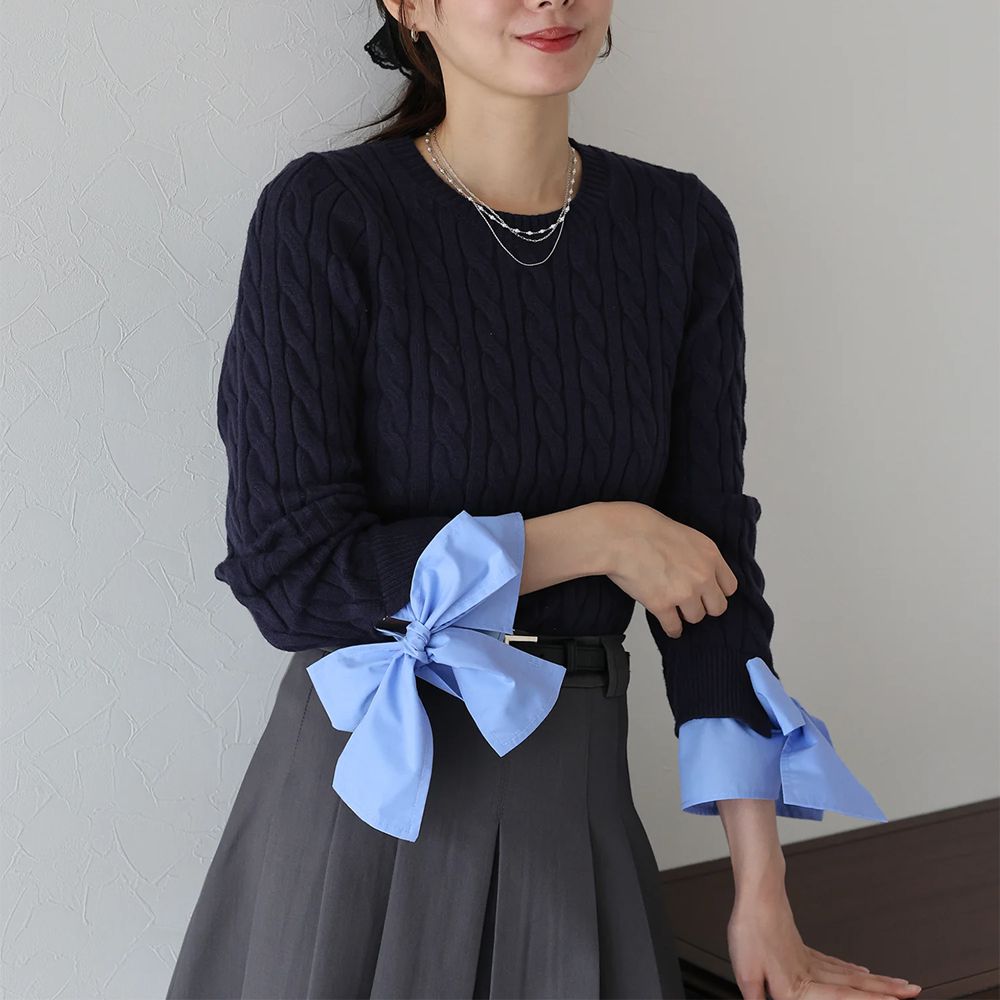 亮麗蝴蝶結緞帶袖麻花針織上衣-海軍藍