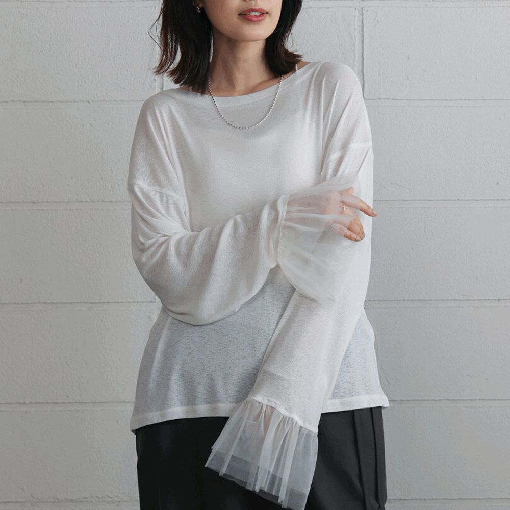 雙層薄紗拼接俏麗長袖上衣-象牙白