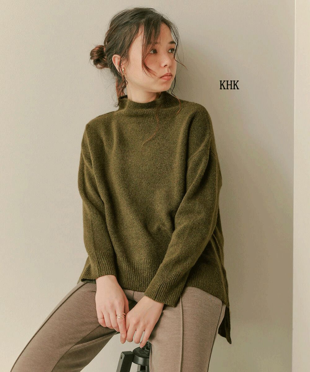 日本 Bou Jeloud - 毛混紡柔軟小高領前短後長修身寬鬆毛衣-淺灰