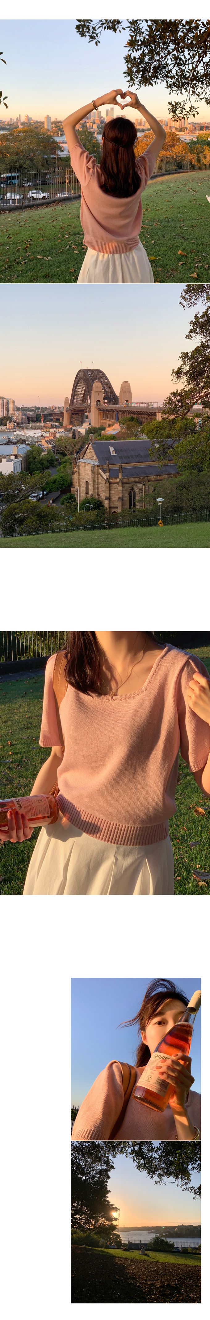 韓國 98doci - 氣質方領針織短袖上衣-淡粉