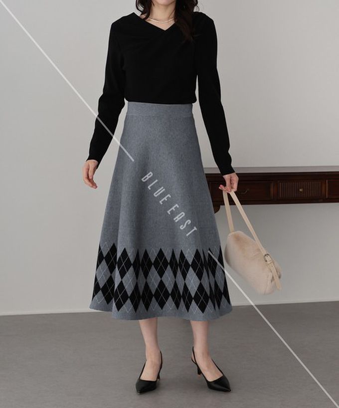 日本 BLUE EAST - 氣質女伶全腰鬆緊皺摺長裙-菱格-灰 (M)