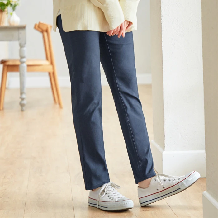 日本 BELLUNA - 簡約彈性美腿長褲-丹寧藍