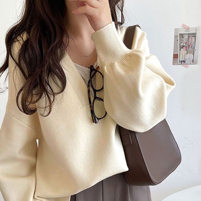 日本 Classical Elf - 俐落深V都會感柔軟針織上衣-粉紅