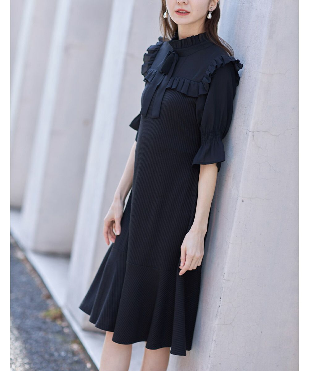 日本 tocco-closet - 夢幻荷葉邊扭結小洋裝-星塵粉