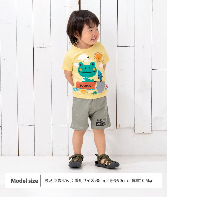 日本 ZOOLAND - 童趣印花短袖上衣X純棉短褲套裝-青蛙撈魚趣-黃