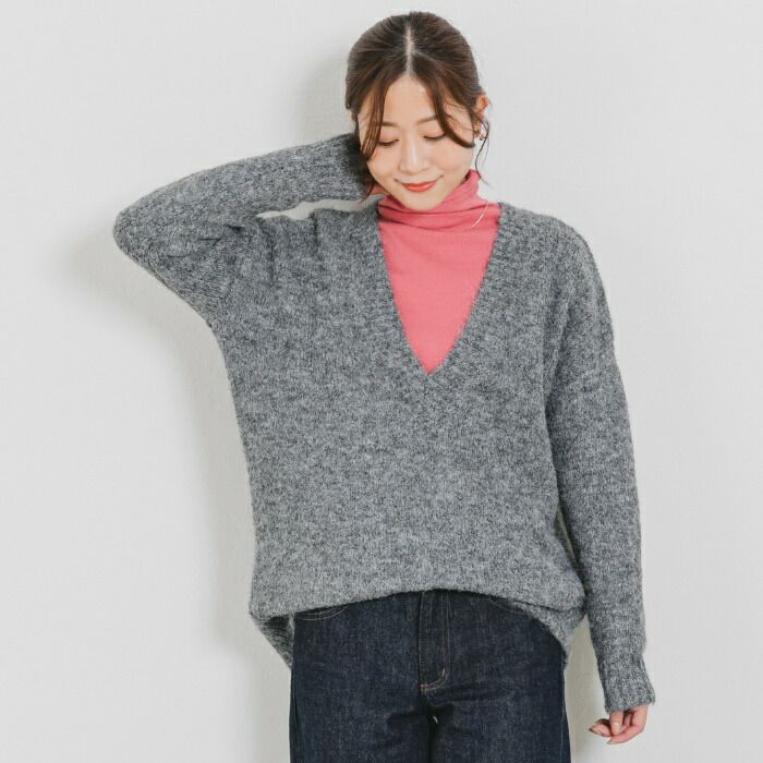 日本 ihuu - 柔軟深V領混羊毛針織上衣-紫羅蘭