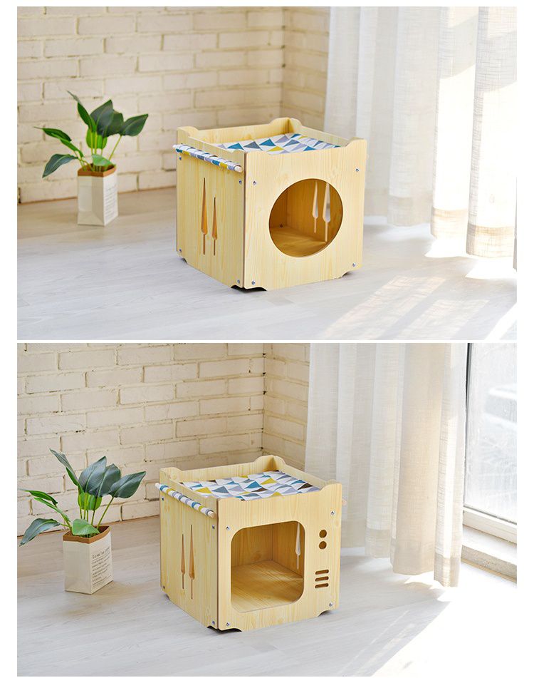 封閉式木質簡約貓窩(需組裝)-電視紅松款+墊子-咖啡色